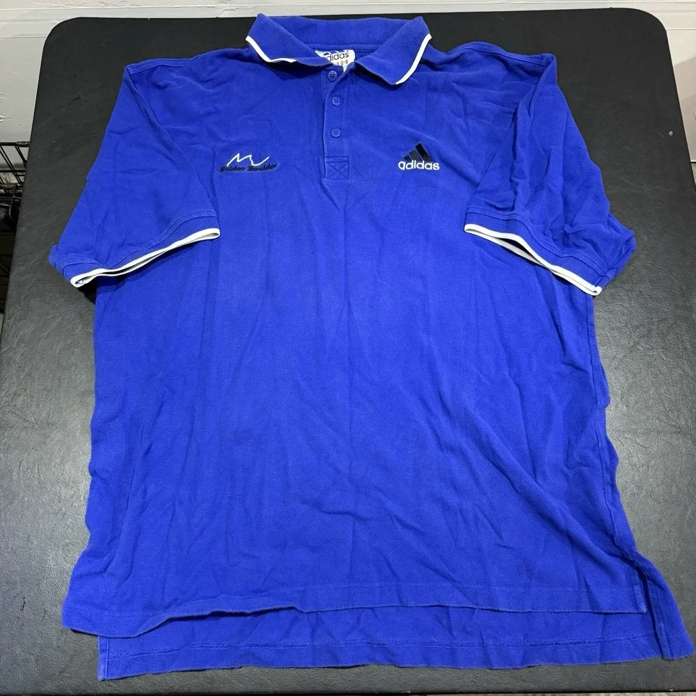 Vintage 90s Adidas Embroidered Collared Blue Polo White Trim Sleeves Size XXL